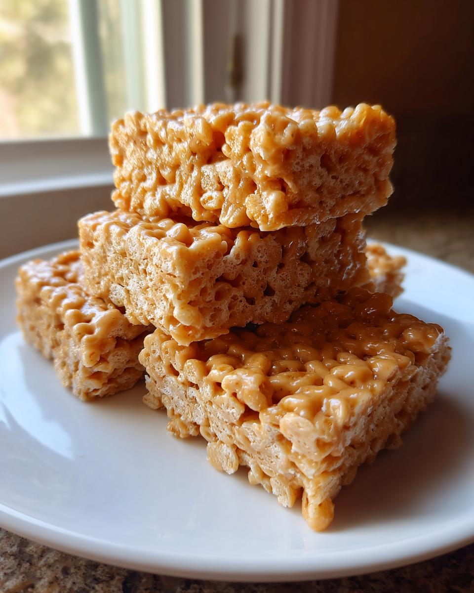 A stack of four gooey peanut butter rice krispie treats resting on a white plate near a window.