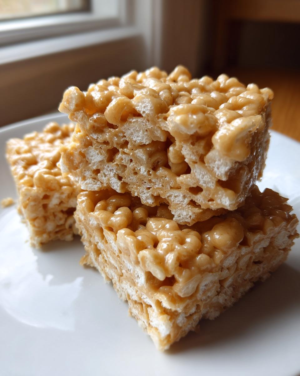 Three stacked squares of gooey peanut butter rice krispie treats resting on a white plate near a window.