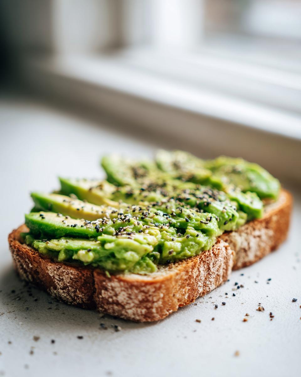 Close-up of perfectly prepared avocado toast on rustic bread, topped with sliced avocado and everything bagel seasoning.