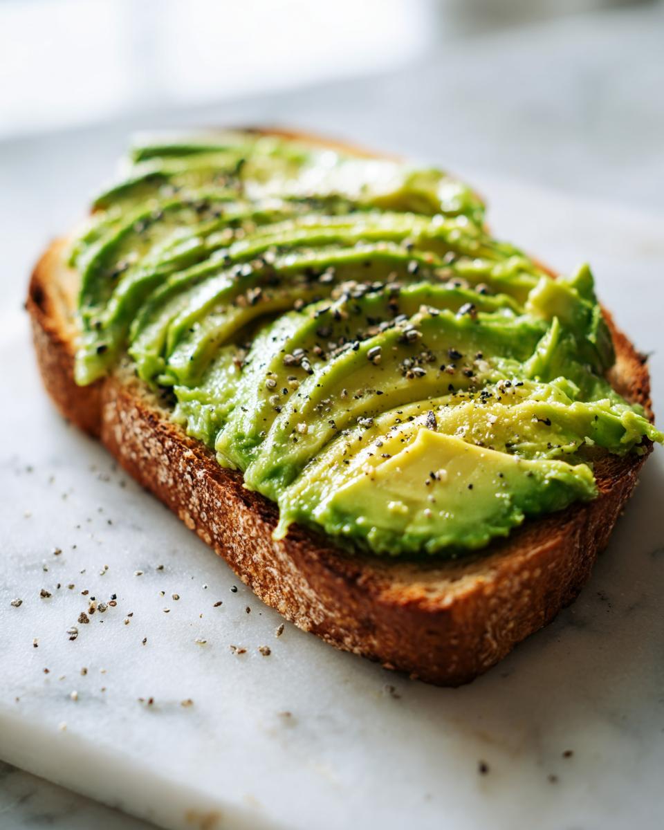 Close-up of a slice of toasted bread topped with fanned avocado slices and coarse black pepper, perfect avocado toast.