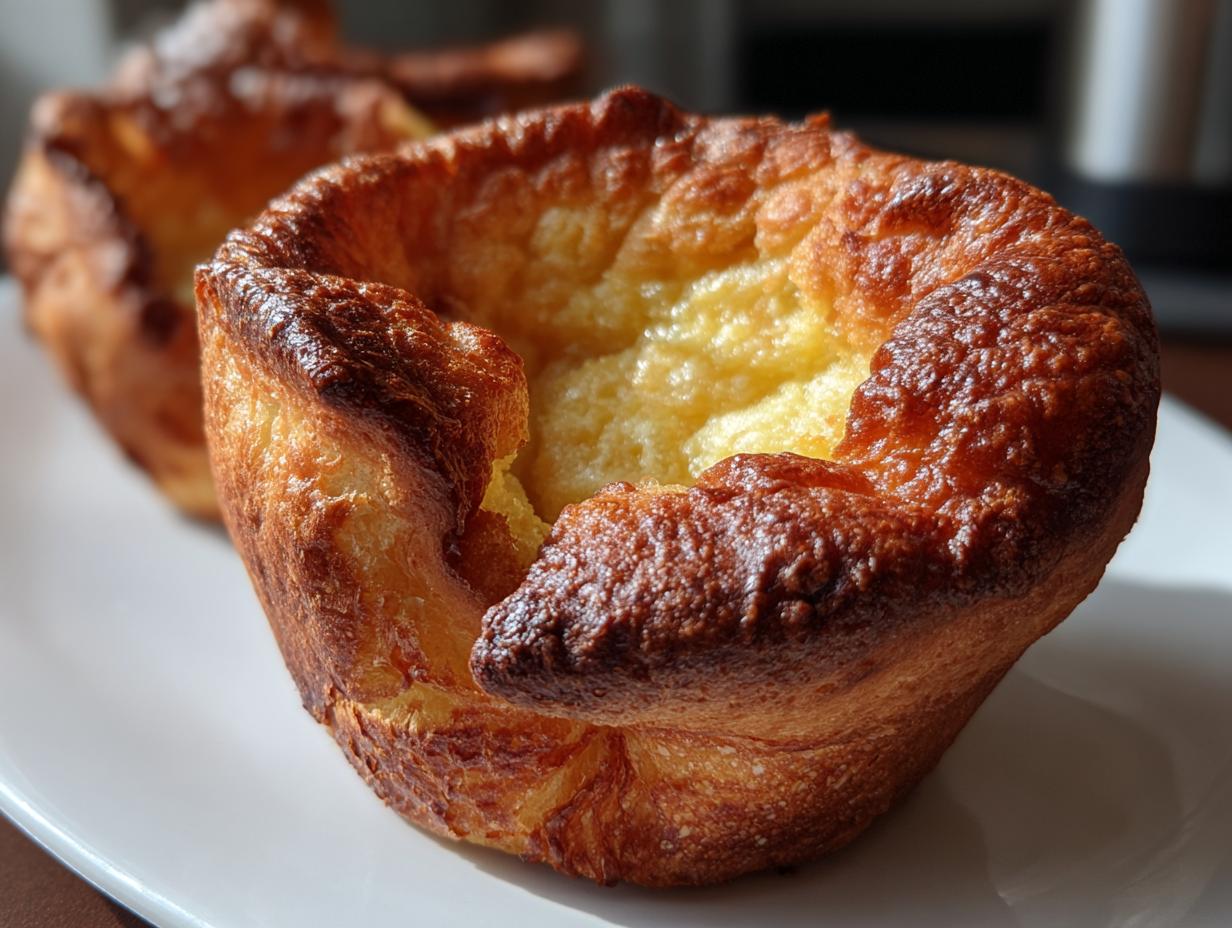 A close-up of a perfectly risen, golden-brown Yorkshire pudding with crispy edges and a soft center.