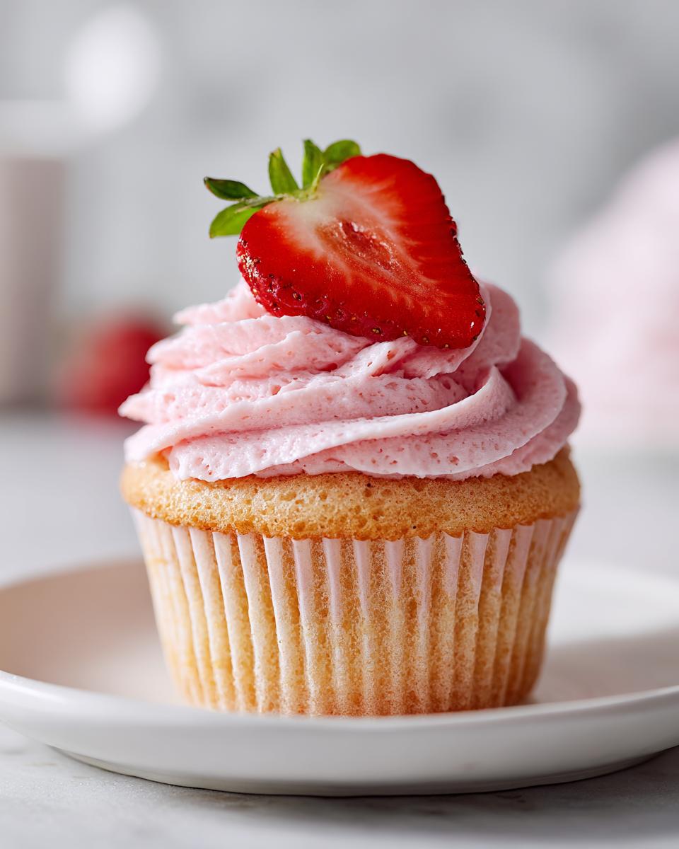 A single, perfectly baked strawberry cupcake topped with pink frosting and a fresh strawberry half.