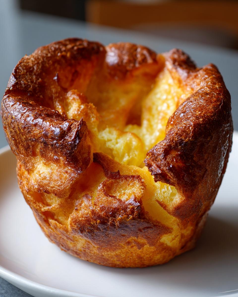A single, golden-brown, perfectly risen Yorkshire pudding with a deep well in the center, served on a white plate.