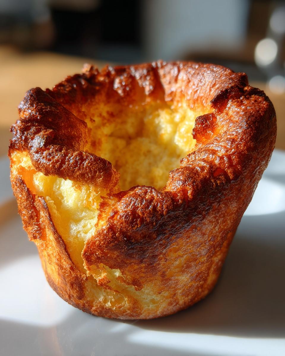 A golden brown, perfectly risen Yorkshire pudding with a crispy edge, sitting on a white plate.