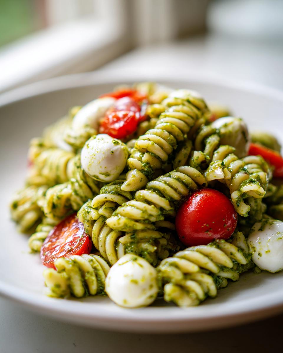 Close-up of fusilli pasta coated in green pesto, mixed with cherry tomatoes and small mozzarella balls in a pesto pasta salad.