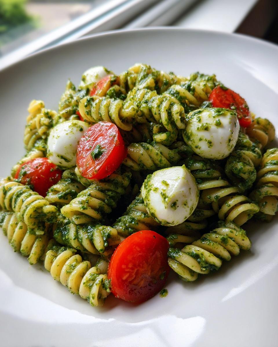 Close-up of pesto pasta salad featuring fusilli, cherry tomatoes, and small mozzarella balls on a white plate.