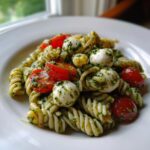 A close-up of delicious pesto pasta salad featuring rotini pasta, fresh mozzarella balls, and halved cherry tomatoes.
