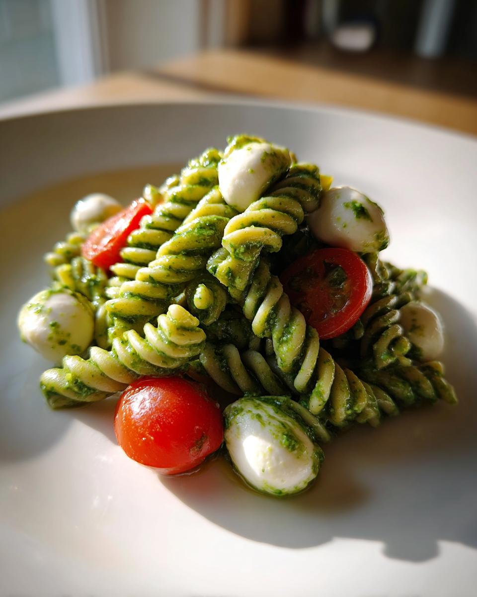 Close-up of a serving of pesto pasta salad featuring rotini pasta coated in green pesto, cherry tomatoes, and small mozzarella balls.