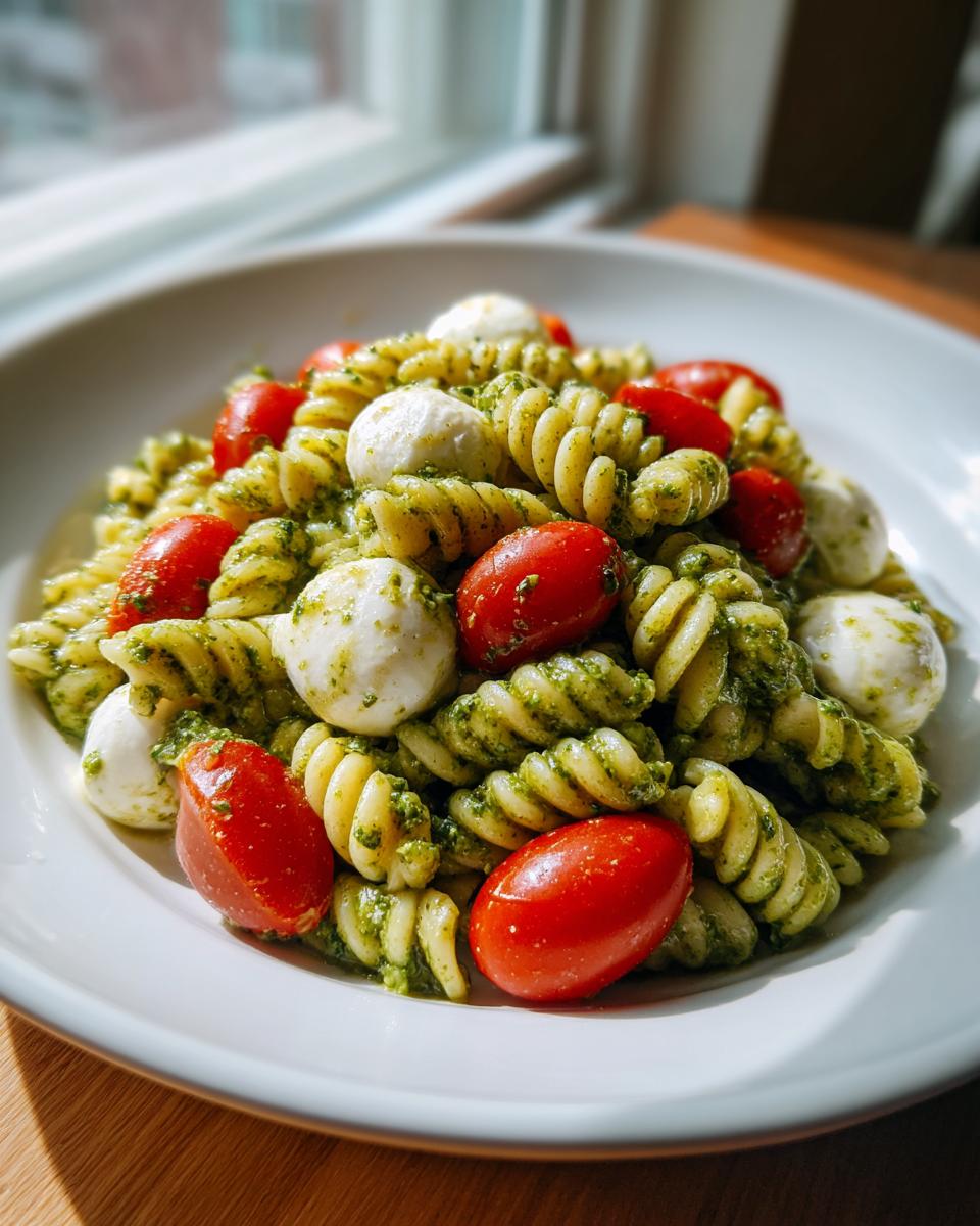 Close-up of a bowl of pesto pasta salad featuring rotini, cherry tomatoes, and small mozzarella balls.