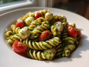 A vibrant bowl of pesto pasta salad featuring fusilli, cherry tomatoes, and small mozzarella balls.