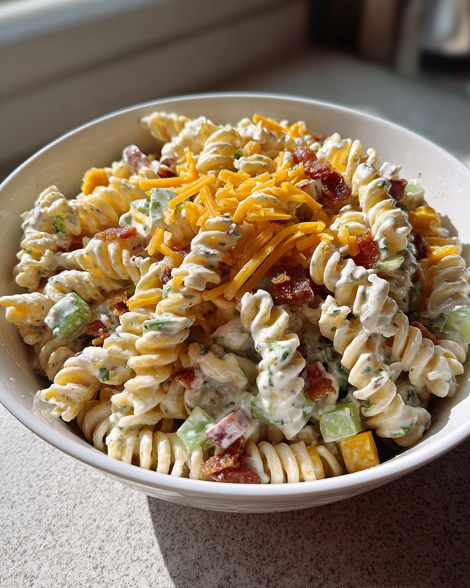 A close-up of creamy pickle pasta salad featuring rotini pasta, bacon bits, celery, and topped with shredded cheddar cheese.