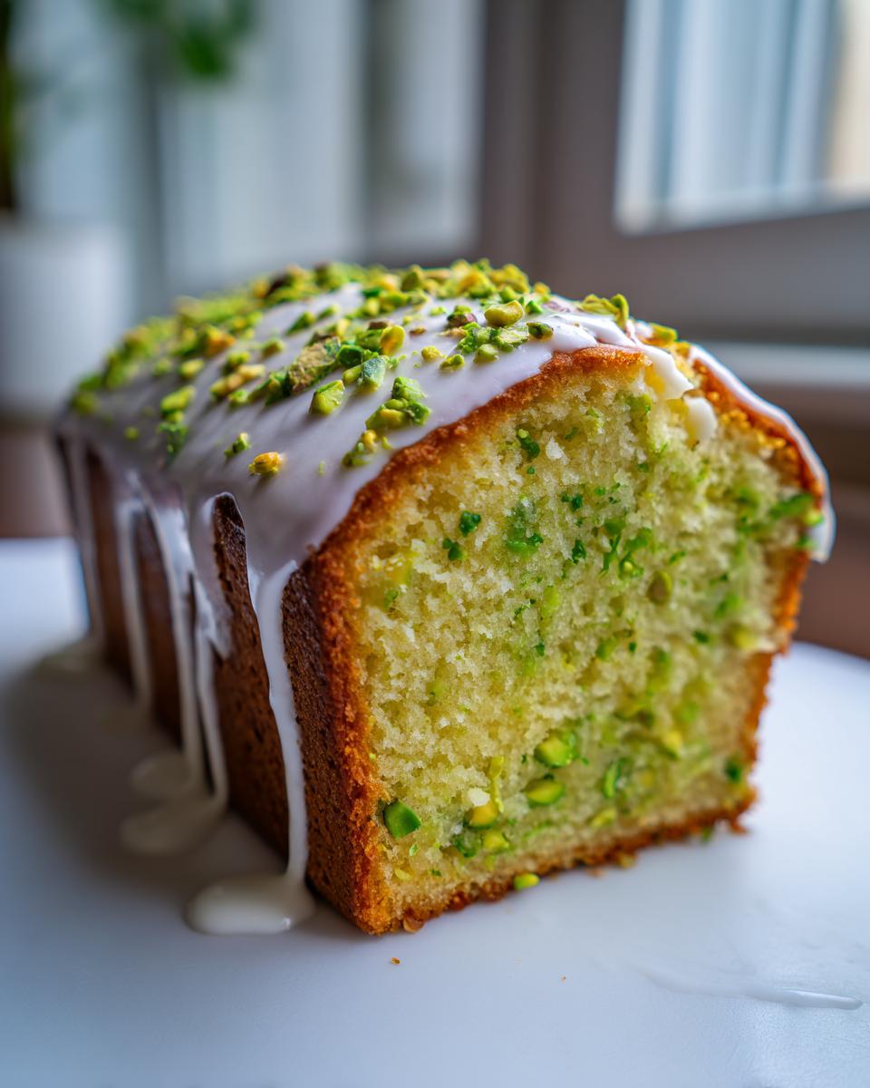 A close-up cross-section of homemade pistachio bread topped with white glaze and chopped pistachios.