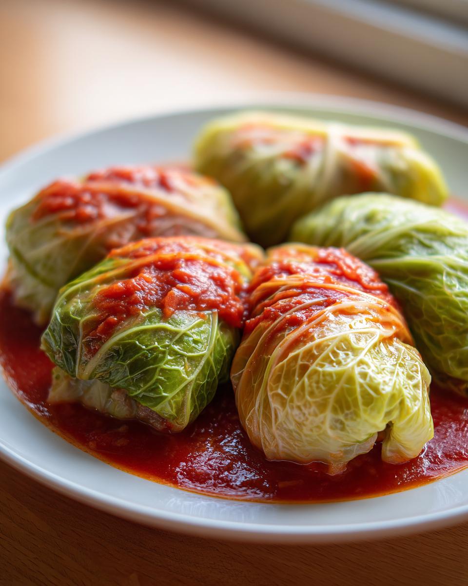 Five homemade cabbage rolls served on a white plate, generously covered in a thick, bright red tomato sauce.