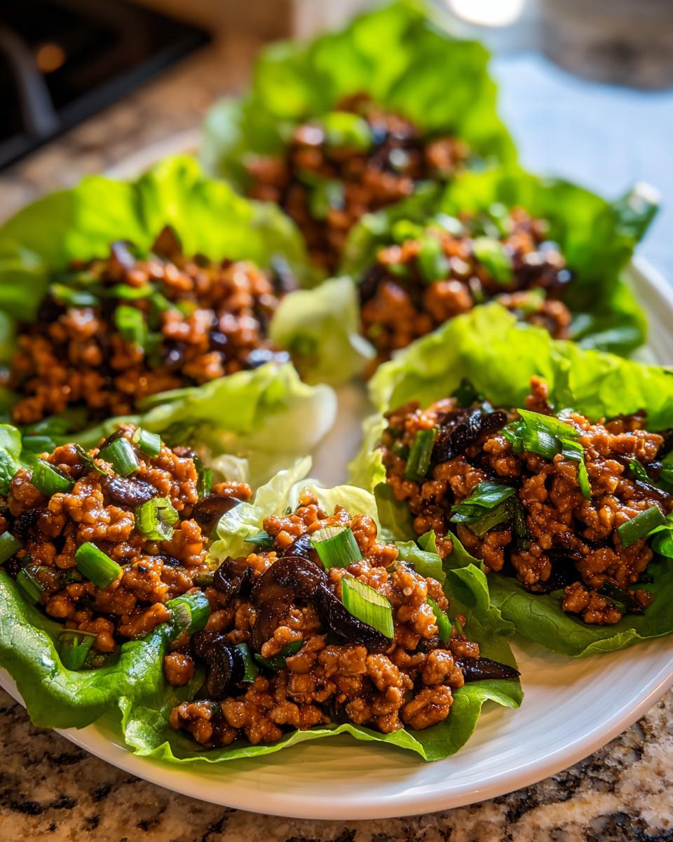 A plate of delicious chicken lettuce wraps filled with savory ground chicken mixture and topped with green onions.