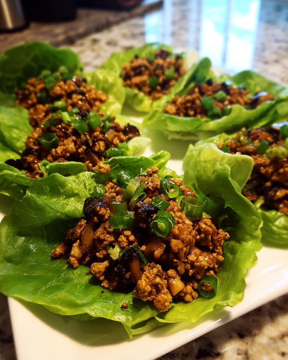 Close-up of several delicious chicken lettuce wraps filled with savory ground chicken and topped with fresh green onions.