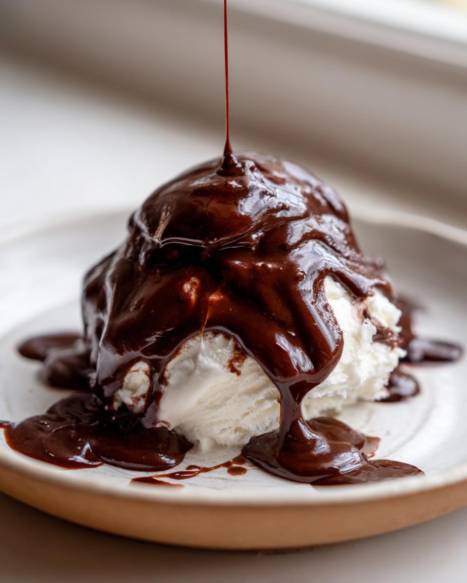 A scoop of vanilla ice cream being generously covered with thick, glossy chocolate sauce recipe being poured from above.