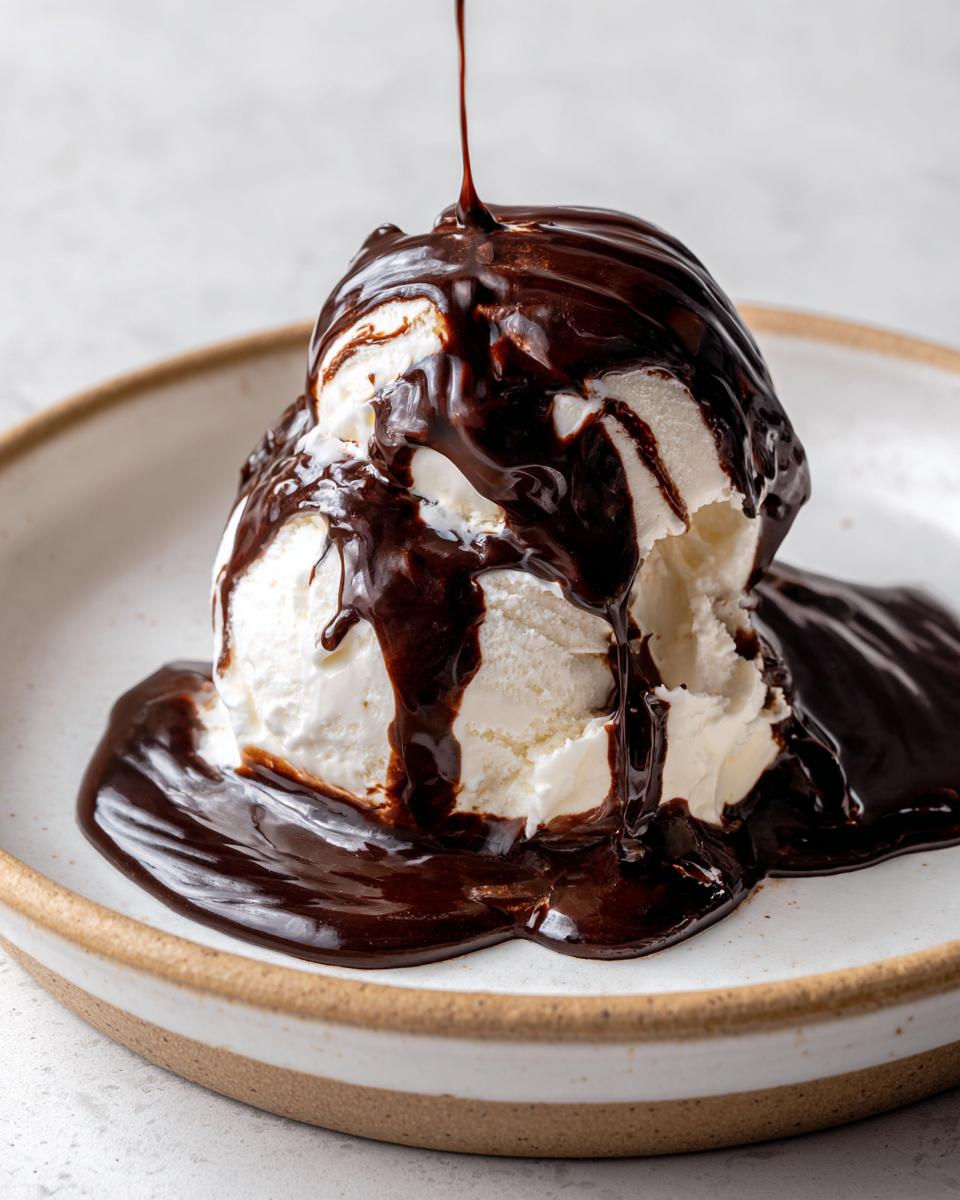 A scoop of vanilla ice cream being drenched in rich, dark chocolate sauce recipe, dripping down the sides.