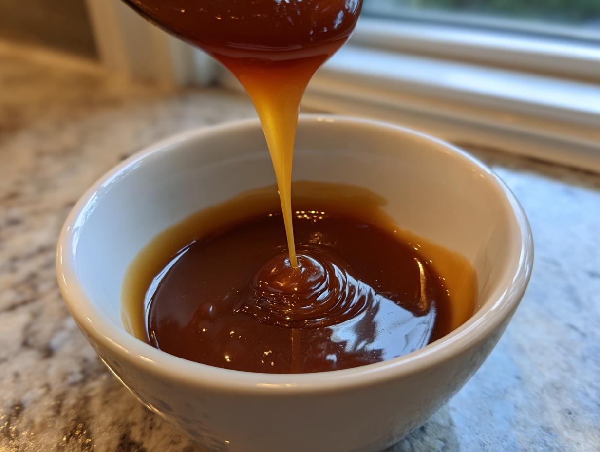 Close-up of thick, glossy caramel sauce being drizzled from a spoon into a small white bowl.