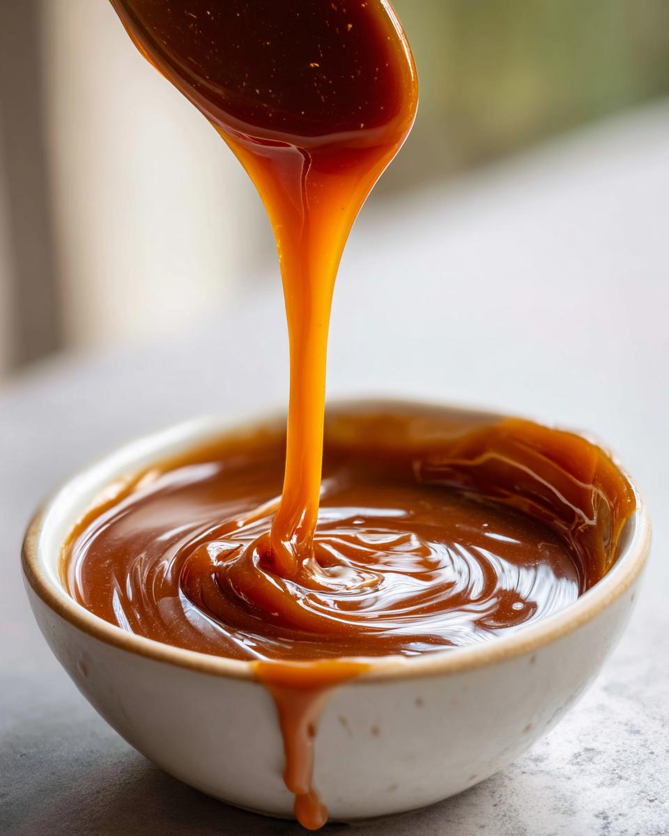 Close-up of thick, glossy caramel sauce being poured from a spoon into a small bowl, showing rich texture.