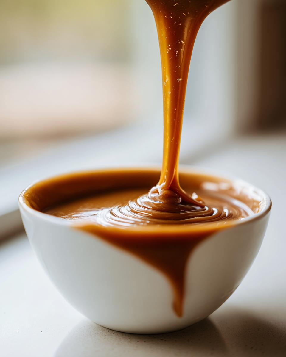Thick, glossy caramel sauce being poured into a small white bowl, creating swirls on the surface.