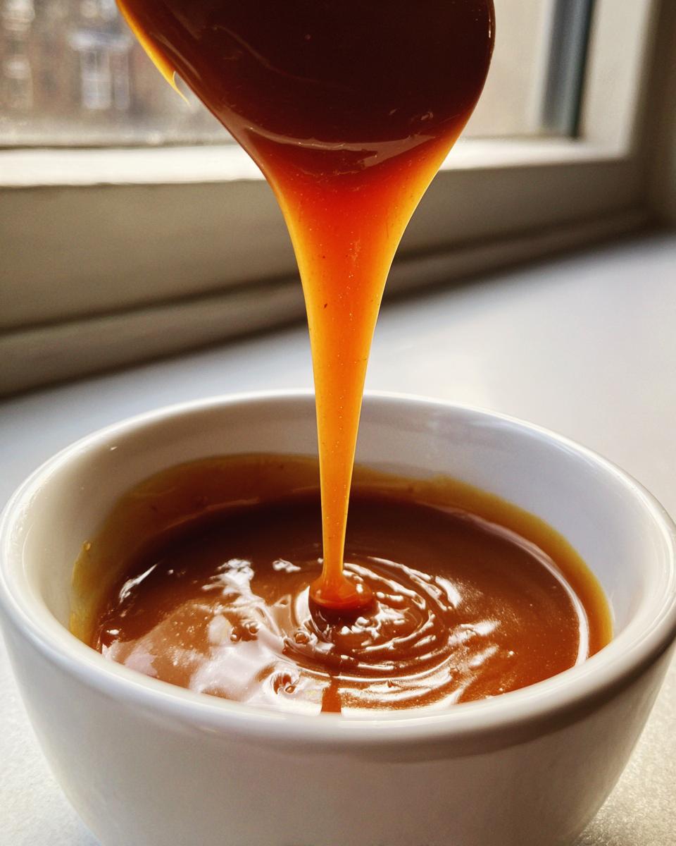 Close-up of thick, glossy caramel sauce being poured from a spoon into a small white bowl.