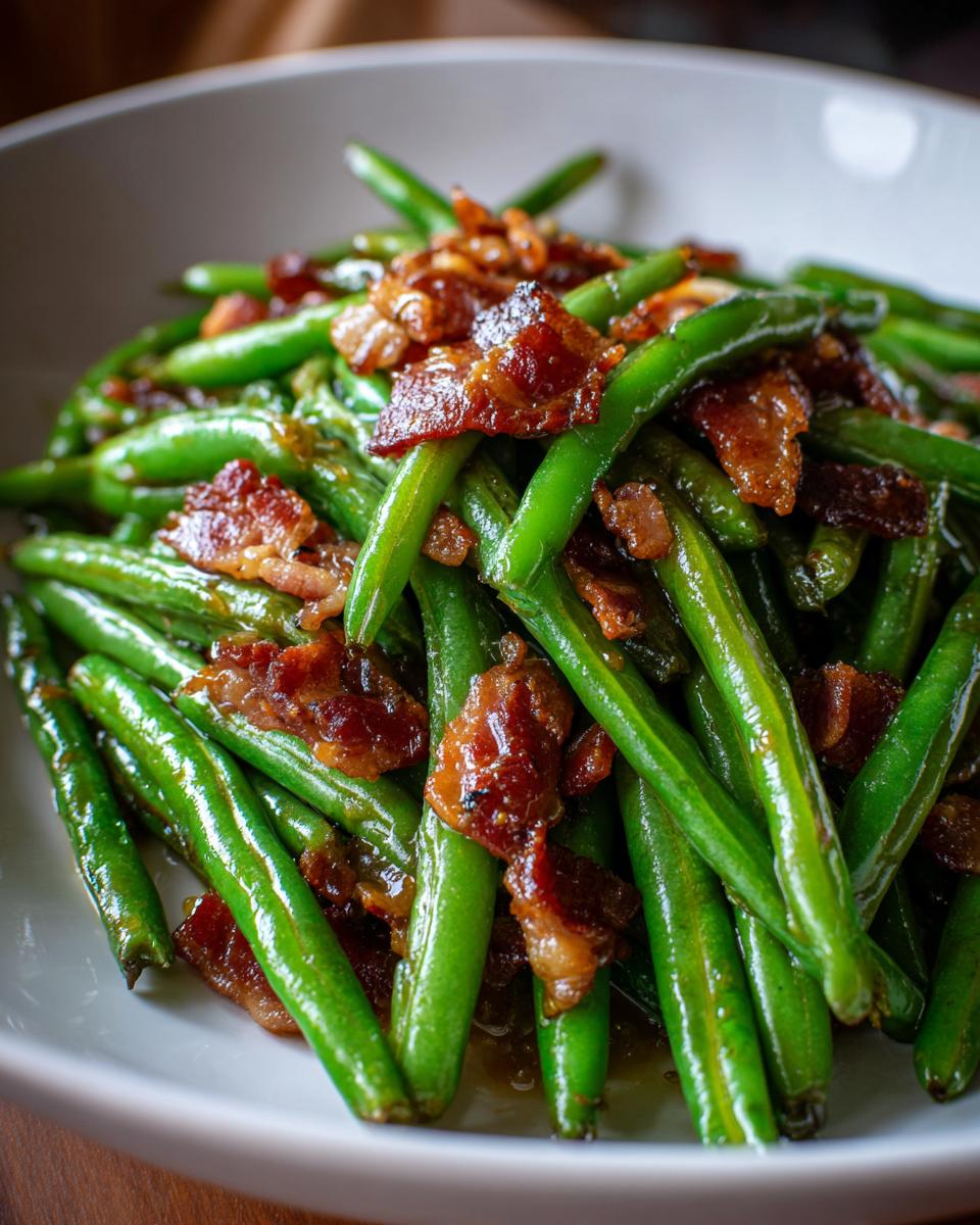 Close-up of bright green beans tossed with crispy bacon pieces served in a white bowl.