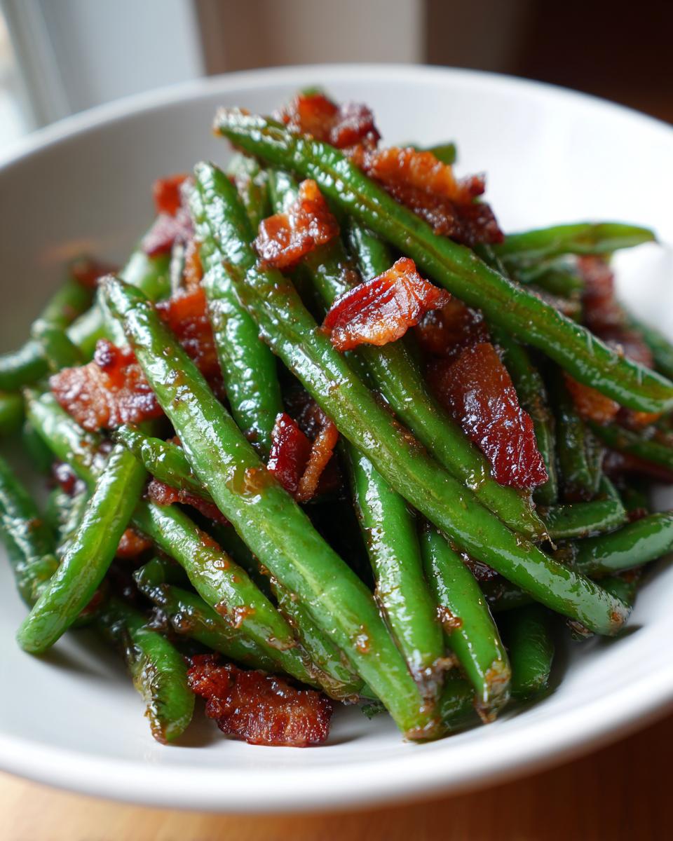 A close-up of vibrant green beans tossed with crispy bacon pieces, served in a white bowl.