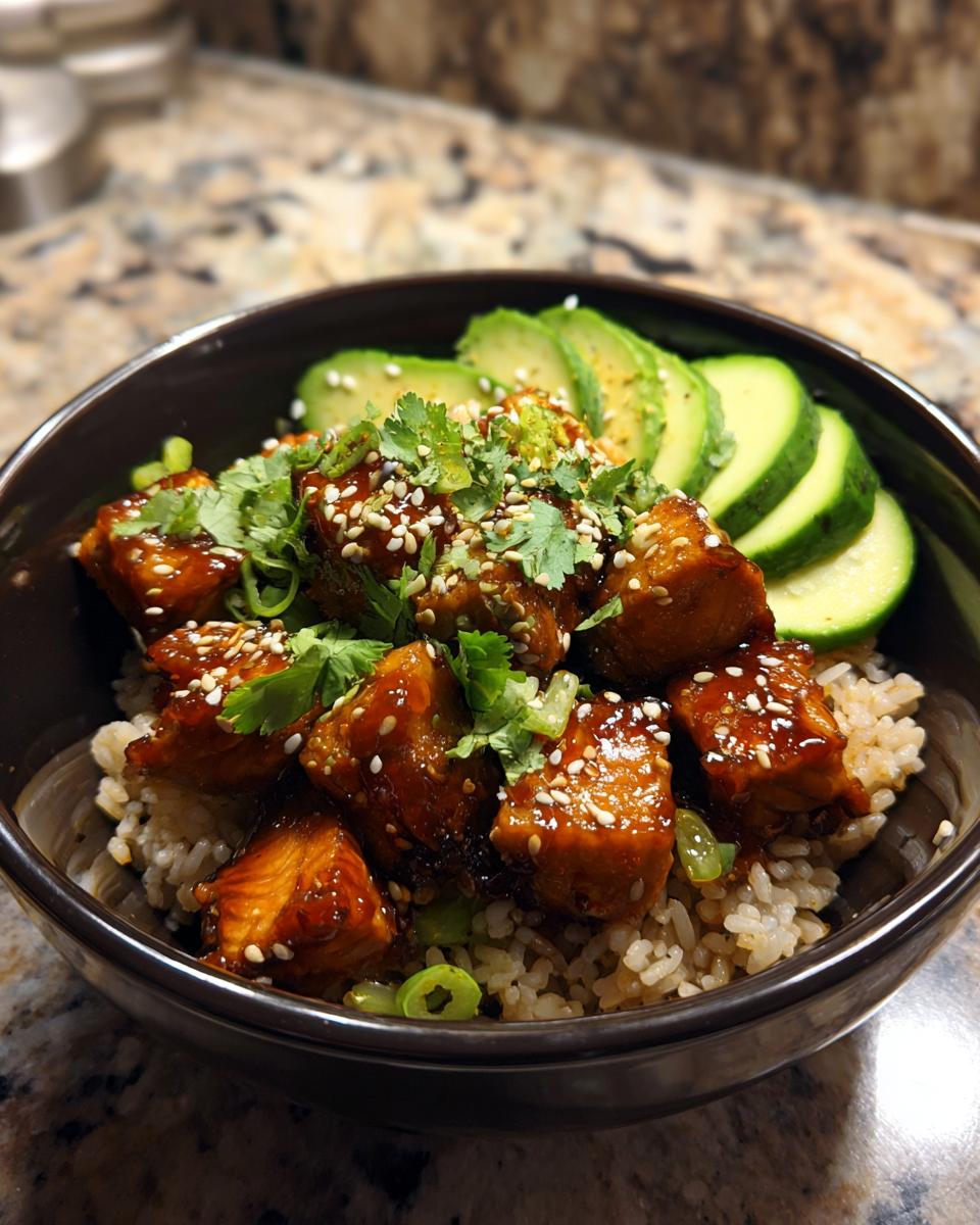 Close-up of a quick salmon bowls featuring glazed salmon cubes over brown rice, topped with sesame seeds, cilantro, and sliced avocado.