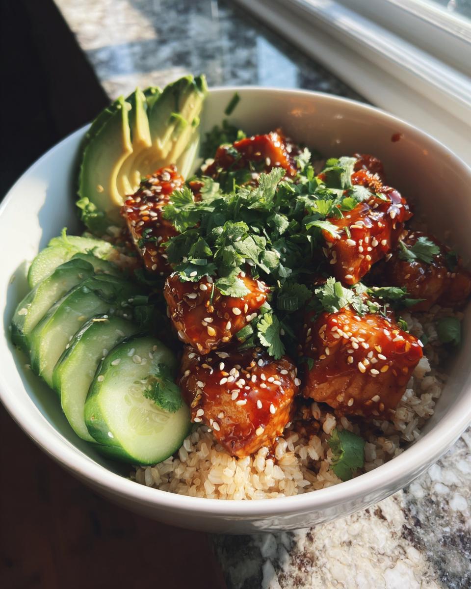 A close-up of one of the amazing salmon bowls featuring glazed protein chunks, brown rice, sliced cucumber, and avocado.
