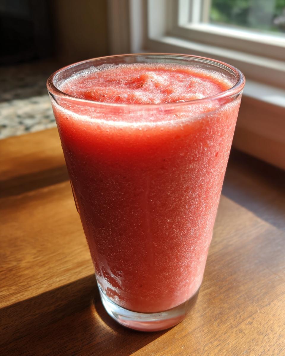 A tall glass filled with a vibrant red, icy watermelon smoothie, sitting on a wooden surface near a window.