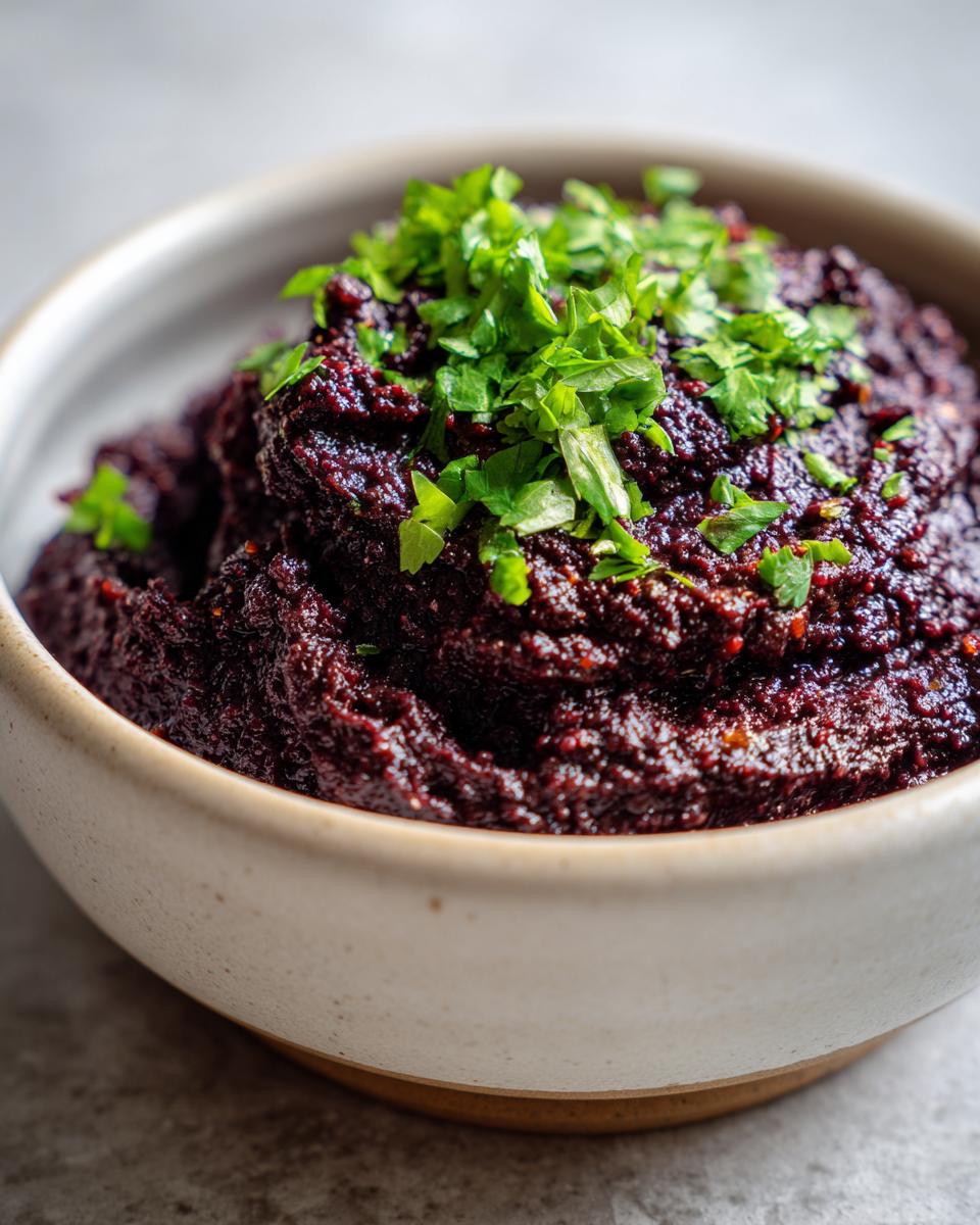 Close-up of a thick, dark purple black bean dip garnished generously with chopped fresh green parsley.