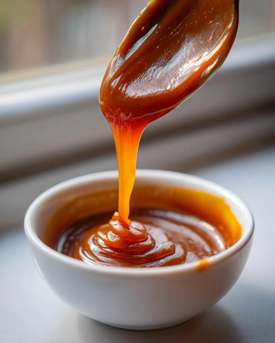 Close-up of thick, glossy caramel sauce being drizzled from a spoon into a small white bowl.