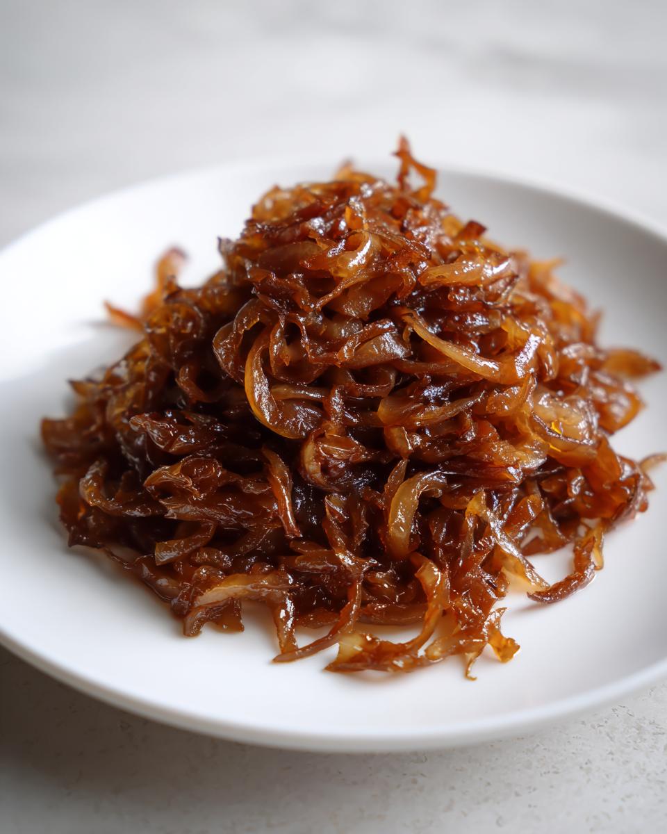 A mound of deeply browned, glossy caramelized onions served on a simple white plate.
