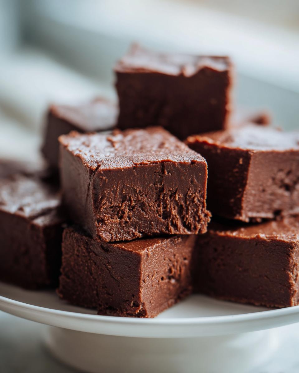 A stack of rich, dark chocolate fudge squares piled high on a white cake stand.