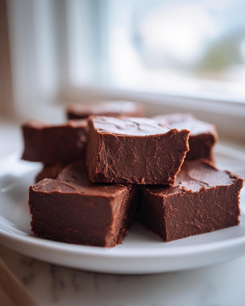 A stack of rich, dark chocolate squares of homemade fudge piled on a white plate.
