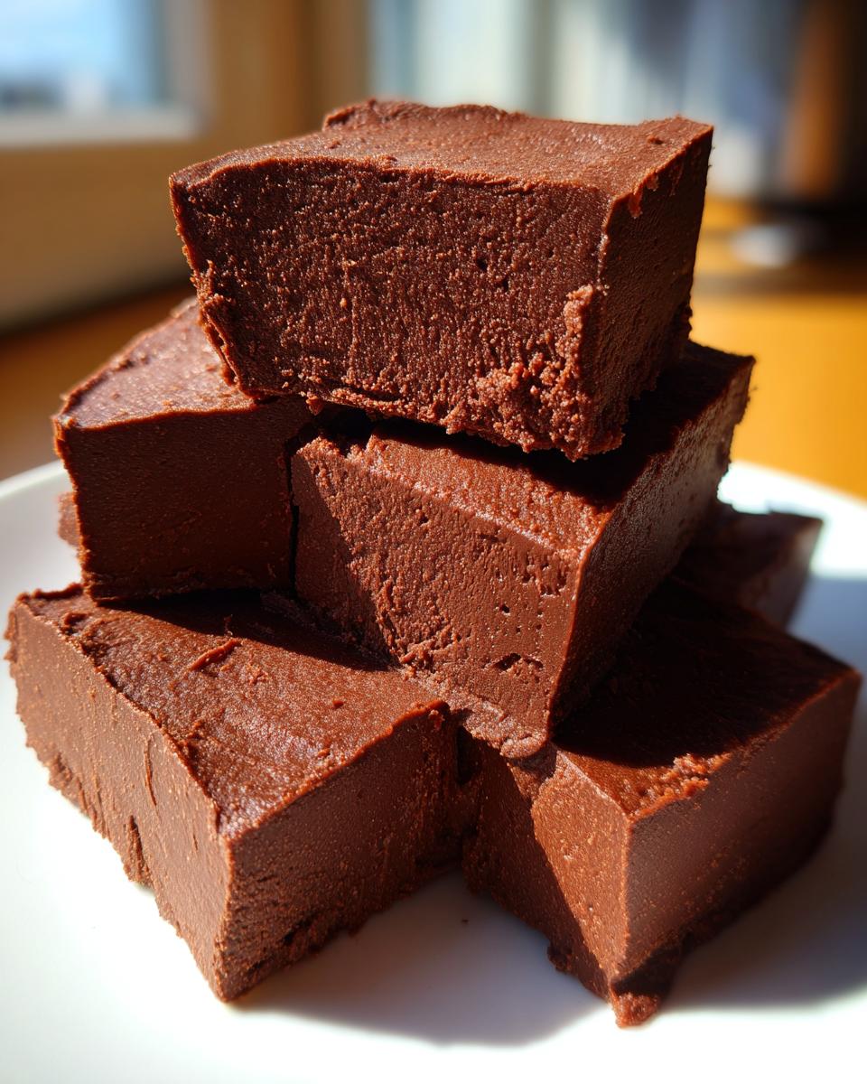 A stack of rich, dark brown squares of homemade fudge, showcasing the dense texture of the fudge.