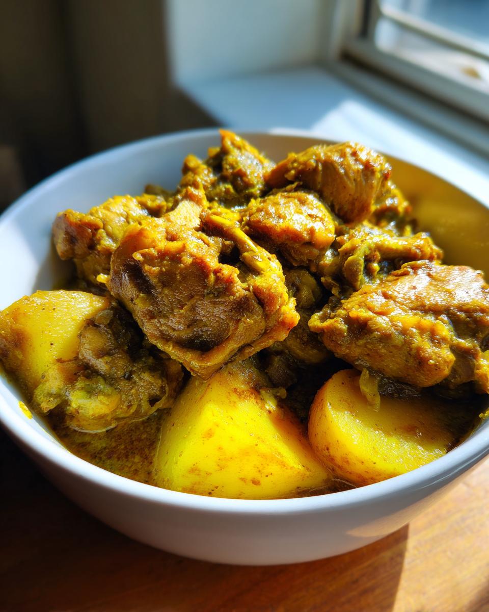 Close-up of vibrant Jamaican curry chicken pieces mixed with bright yellow potatoes in a white bowl.