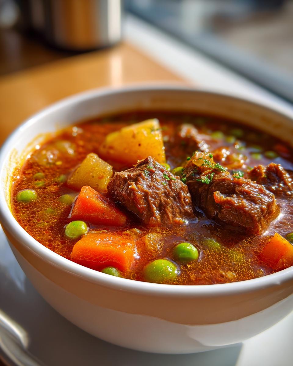 Close-up of a rich, savory bowl of vegetable beef soup featuring tender beef chunks, bright orange carrots, yellow potatoes, and green peas.