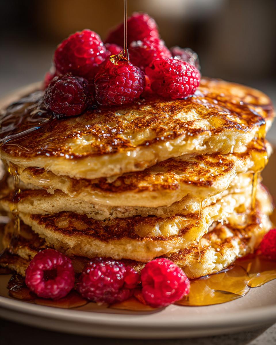 Close-up of a tall stack of golden ricotta pancakes drizzled with syrup and topped with fresh raspberries.