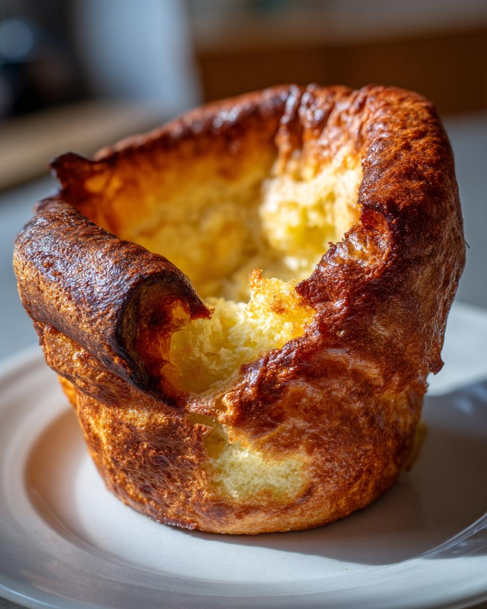 A perfectly risen, golden-brown Yorkshire pudding with a deep, hollow center, sitting on a white plate.