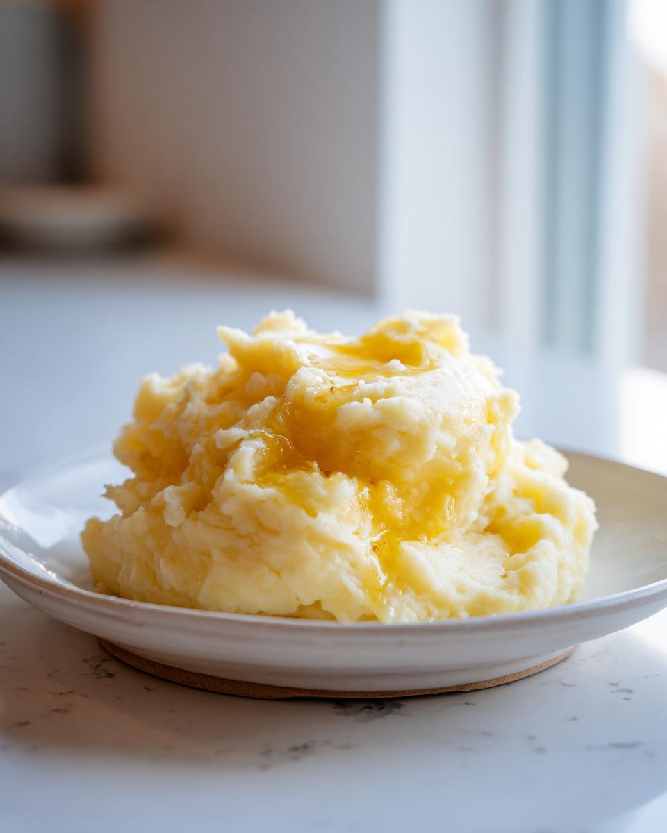 A mound of creamy roasted garlic mashed potatoes topped with melted butter on a white plate.