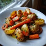 A close-up of golden brown roasted potatoes and carrots, glistening with oil and sprinkled with fresh herbs.