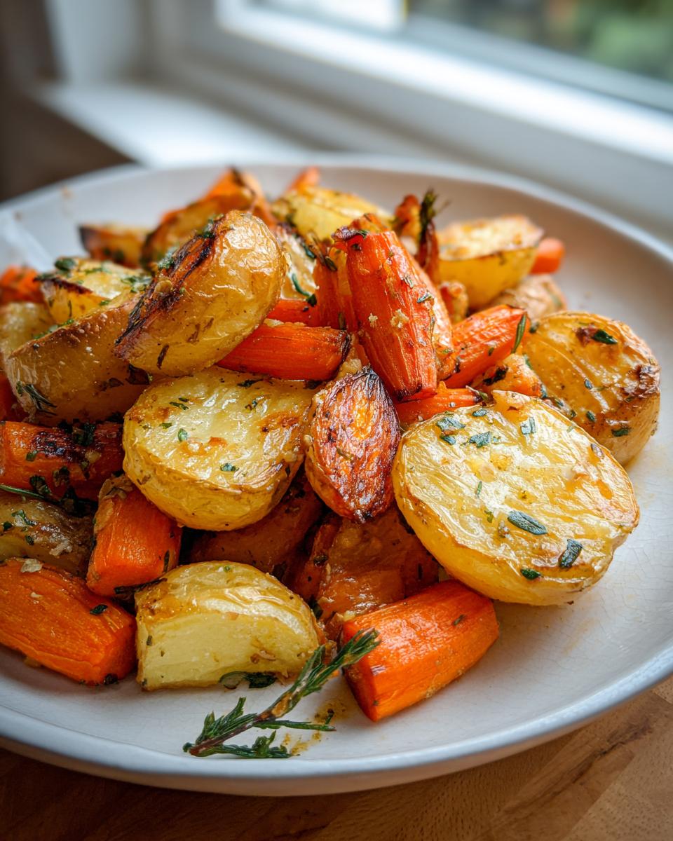 A close-up of golden brown roasted potatoes and carrots seasoned with herbs on a white plate.
