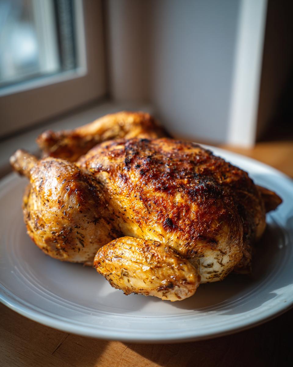 A whole roasted spatchcock chicken with deeply browned, crispy skin resting on a white plate near a window.