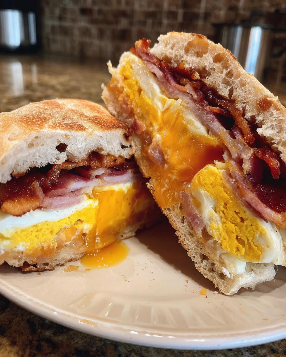 Close-up of an english muffin breakfast sandwich cut in half, showing runny yolk, bacon, and ham.
