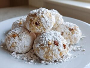 A close-up of several delicious russian tea cakes heavily dusted with powdered sugar on a white plate.