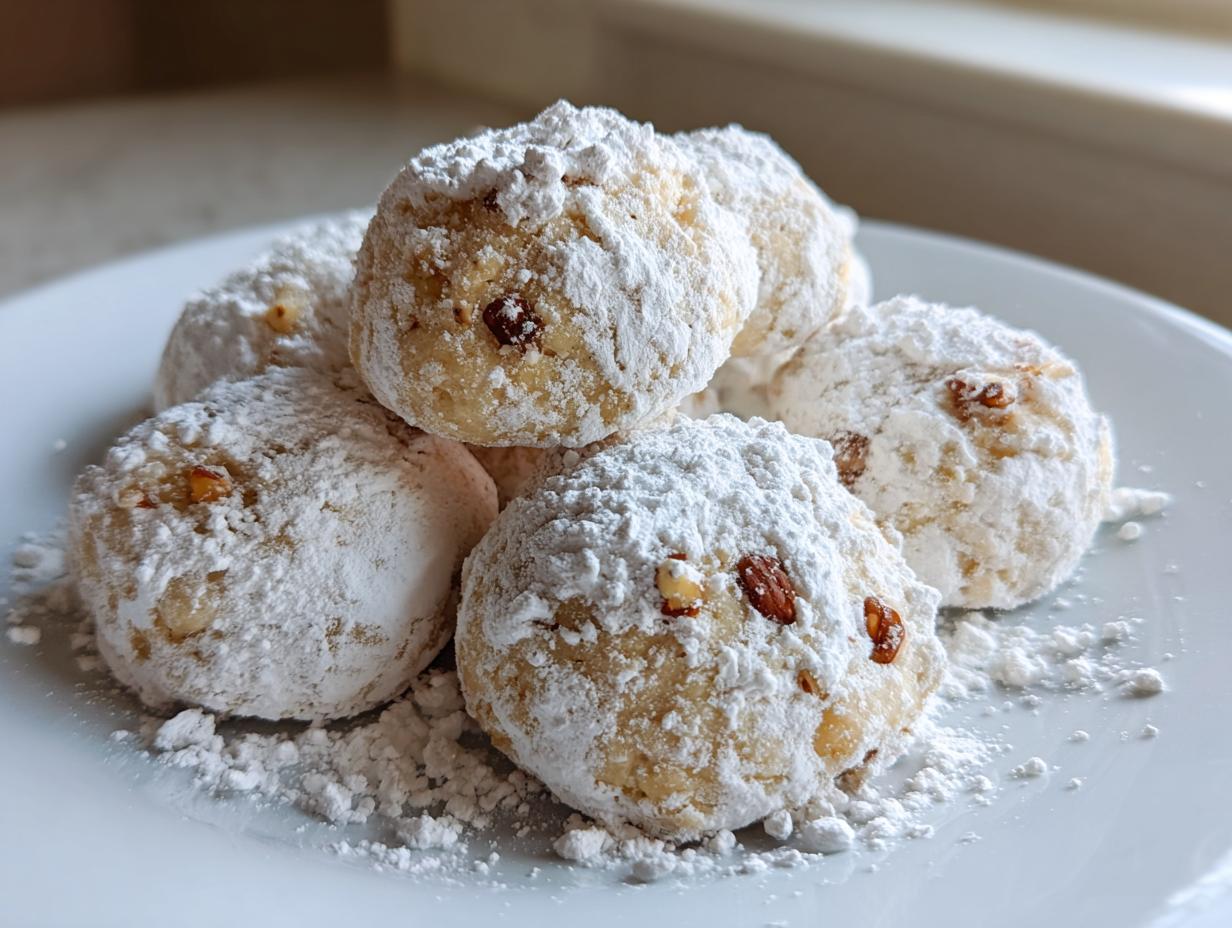 A close-up of several delicious russian tea cakes heavily dusted with powdered sugar on a white plate.