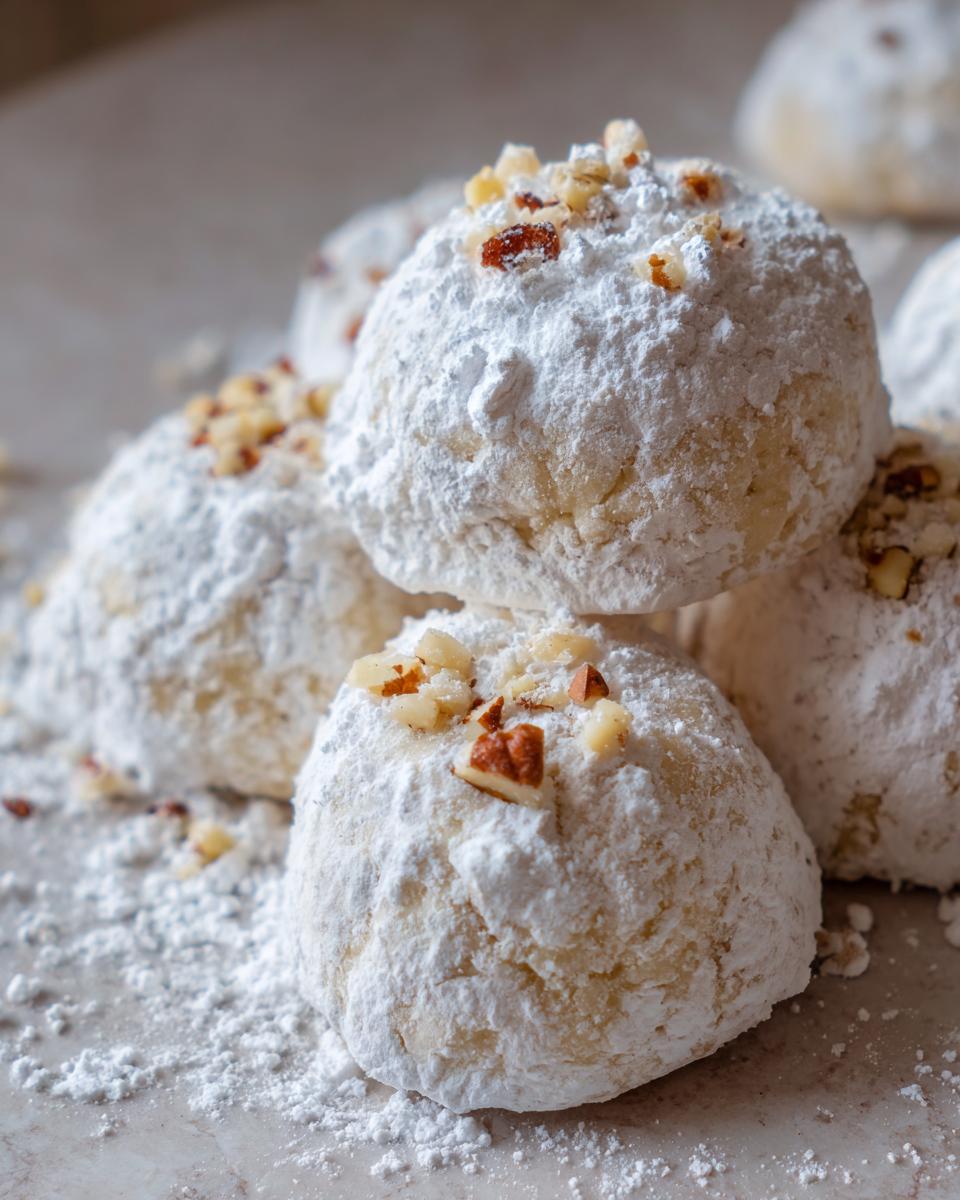 Close-up of several soft russian tea cakes heavily dusted with powdered sugar and topped with chopped nuts.