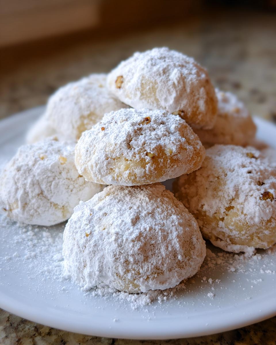 A stack of freshly baked russian tea cakes heavily dusted with powdered sugar on a white plate.
