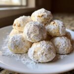 A stack of freshly baked russian tea cakes heavily dusted with powdered sugar on a white plate.